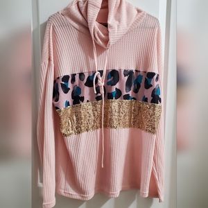 Long Sleeve Drawstring Leopard Sequin splicing turtle neck waffle top